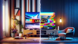 alt_text: Split image showing a legal, bright living room TV stream versus an illegal, glitching screen with warnings.