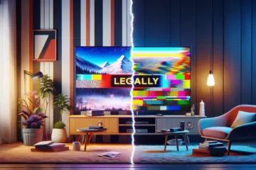 alt_text: Split image showing a legal, bright living room TV stream versus an illegal, glitching screen with warnings.