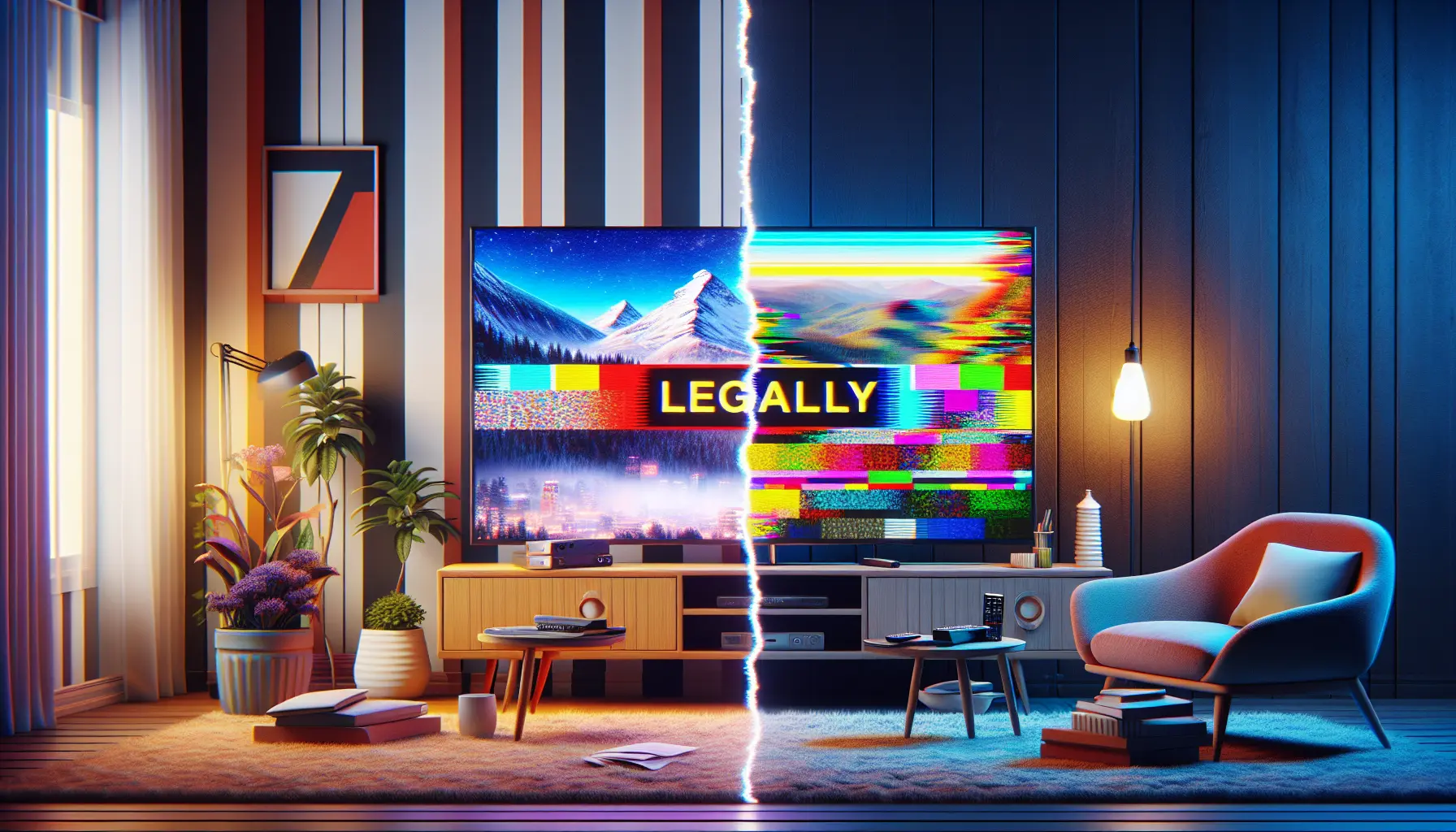 alt_text: Split image showing a legal, bright living room TV stream versus an illegal, glitching screen with warnings.