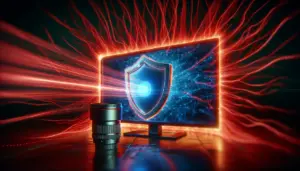 A glowing shield protecting a vibrant TV screen from malicious red data streams.