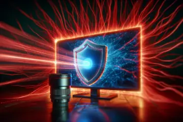 A glowing shield protecting a vibrant TV screen from malicious red data streams.