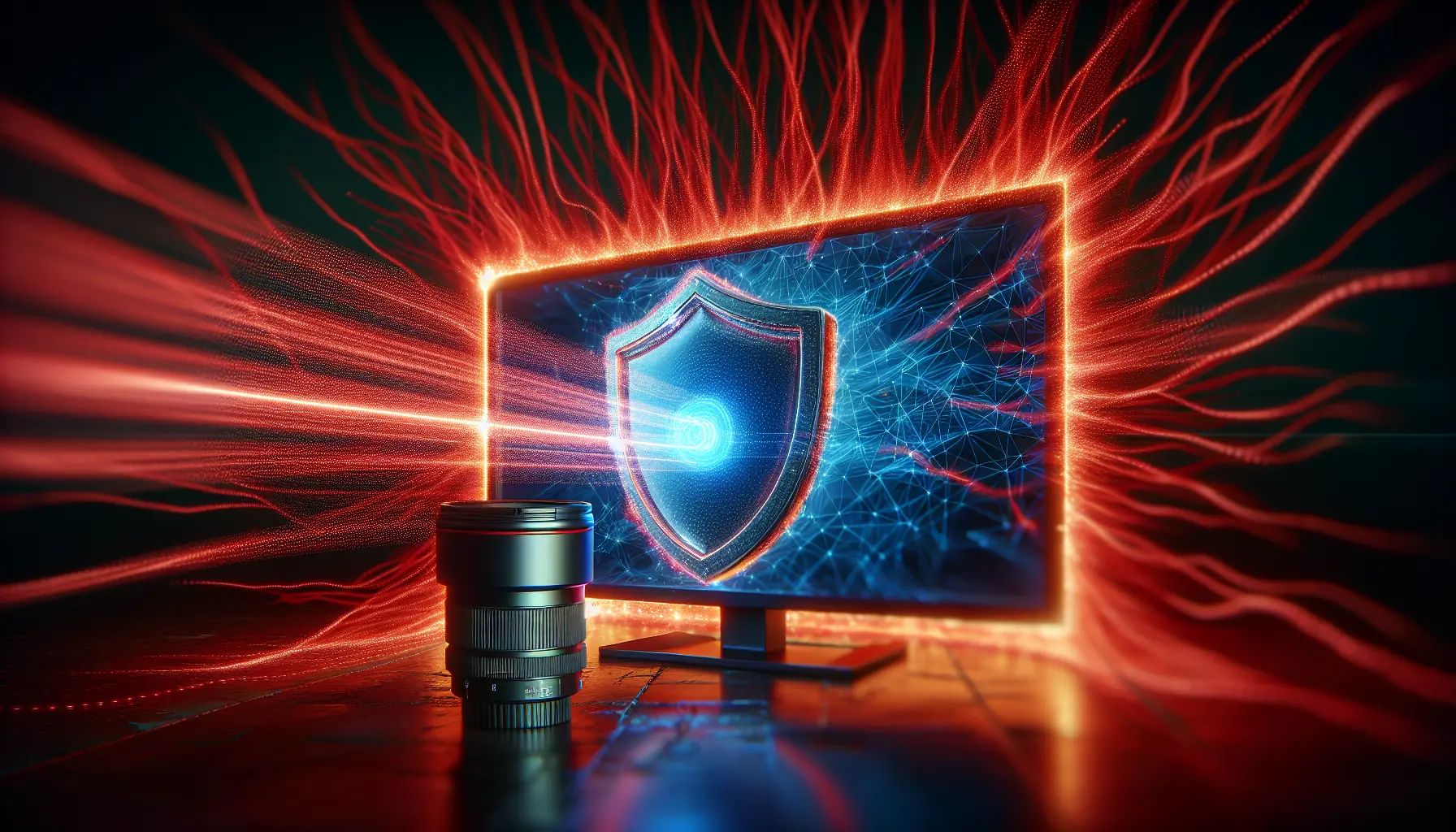 A glowing shield protecting a vibrant TV screen from malicious red data streams.
