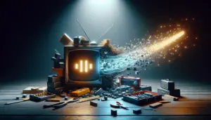 A TV screen showing a "Buffering" icon, with a stream of light flowing from it towards a toolbox, symbolizing fixing IPTV issues.