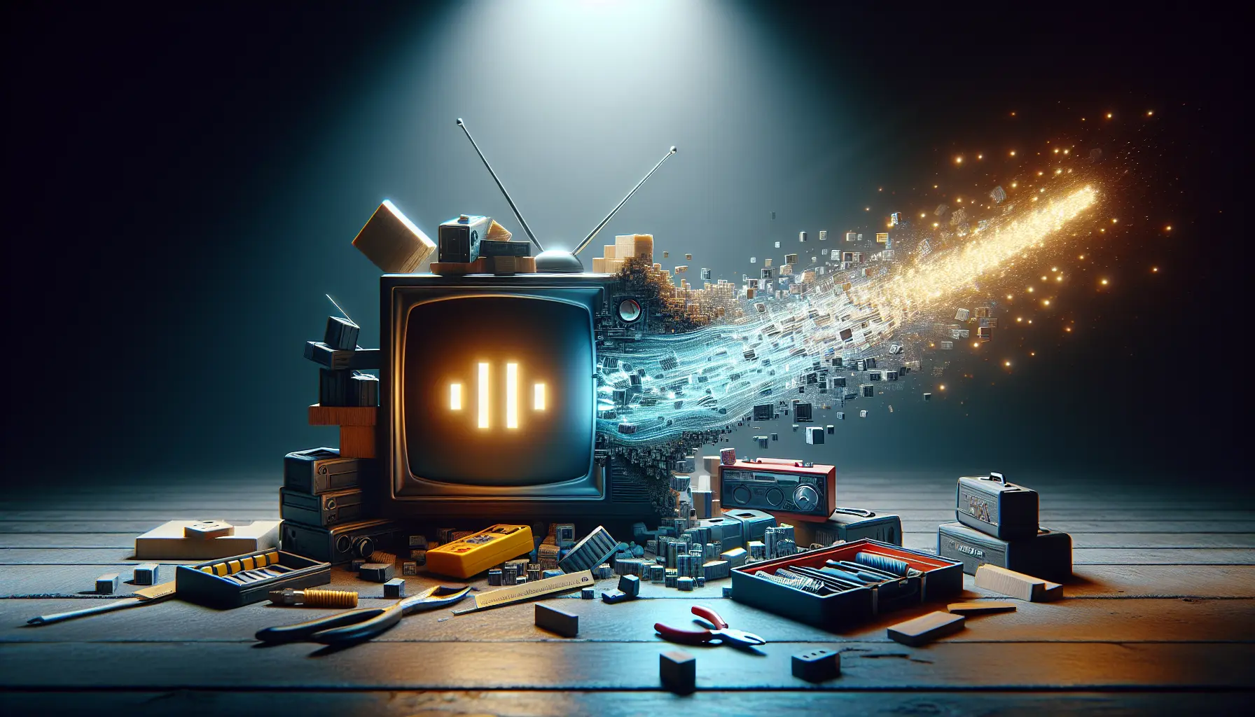 A TV screen showing a "Buffering" icon, with a stream of light flowing from it towards a toolbox, symbolizing fixing IPTV issues.