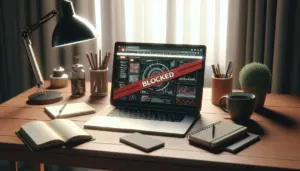 alt_text: A laptop screen in a home office is partially covered by a red "BLOCKED" ribbon, symbolizing an internet provider blockade.