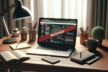 alt_text: A laptop screen in a home office is partially covered by a red "BLOCKED" ribbon, symbolizing an internet provider blockade.