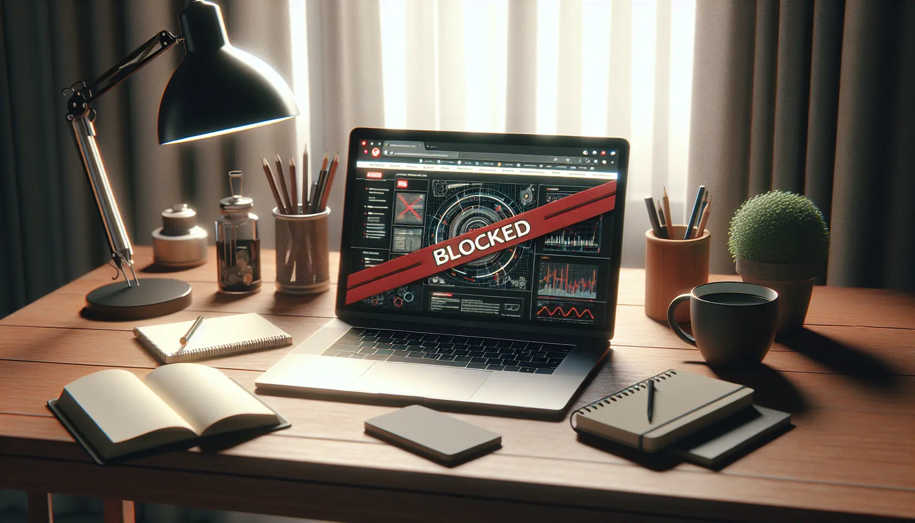 alt_text: A laptop screen in a home office is partially covered by a red "BLOCKED" ribbon, symbolizing an internet provider blockade.