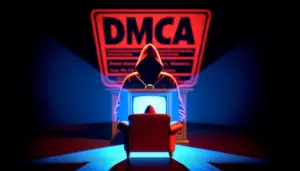 A DMCA notice's red shadow looms over an armchair bathed in the blue glow of illicit IPTV streams.