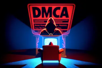 A DMCA notice's red shadow looms over an armchair bathed in the blue glow of illicit IPTV streams.