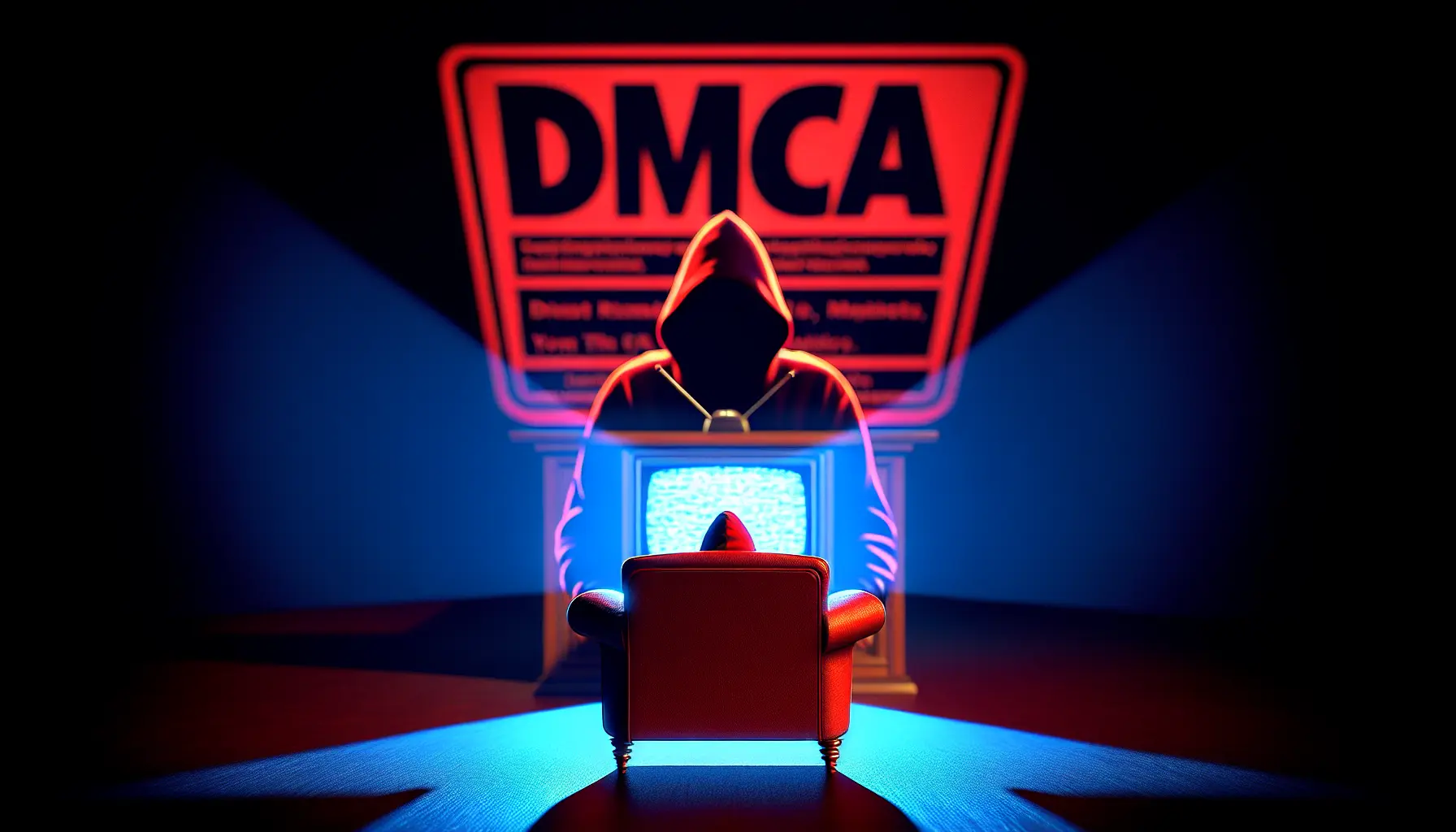 A DMCA notice's red shadow looms over an armchair bathed in the blue glow of illicit IPTV streams.