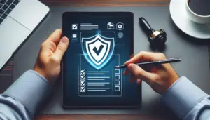 alt_text: A hand holds a tablet showing a checklist and a shield icon, symbolizing how to identify a secure and reliable IPTV service provider.