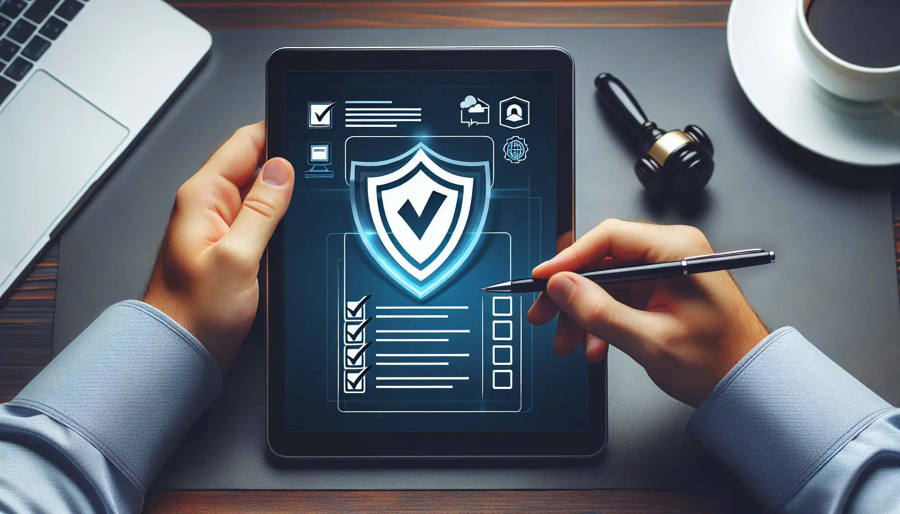 alt_text: A hand holds a tablet showing a checklist and a shield icon, symbolizing how to identify a secure and reliable IPTV service provider.