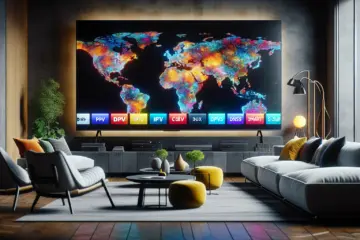 Alt text: A modern living room with a large TV showing a world map and channel logos, visualizing IPTV and Smart DNS technology.