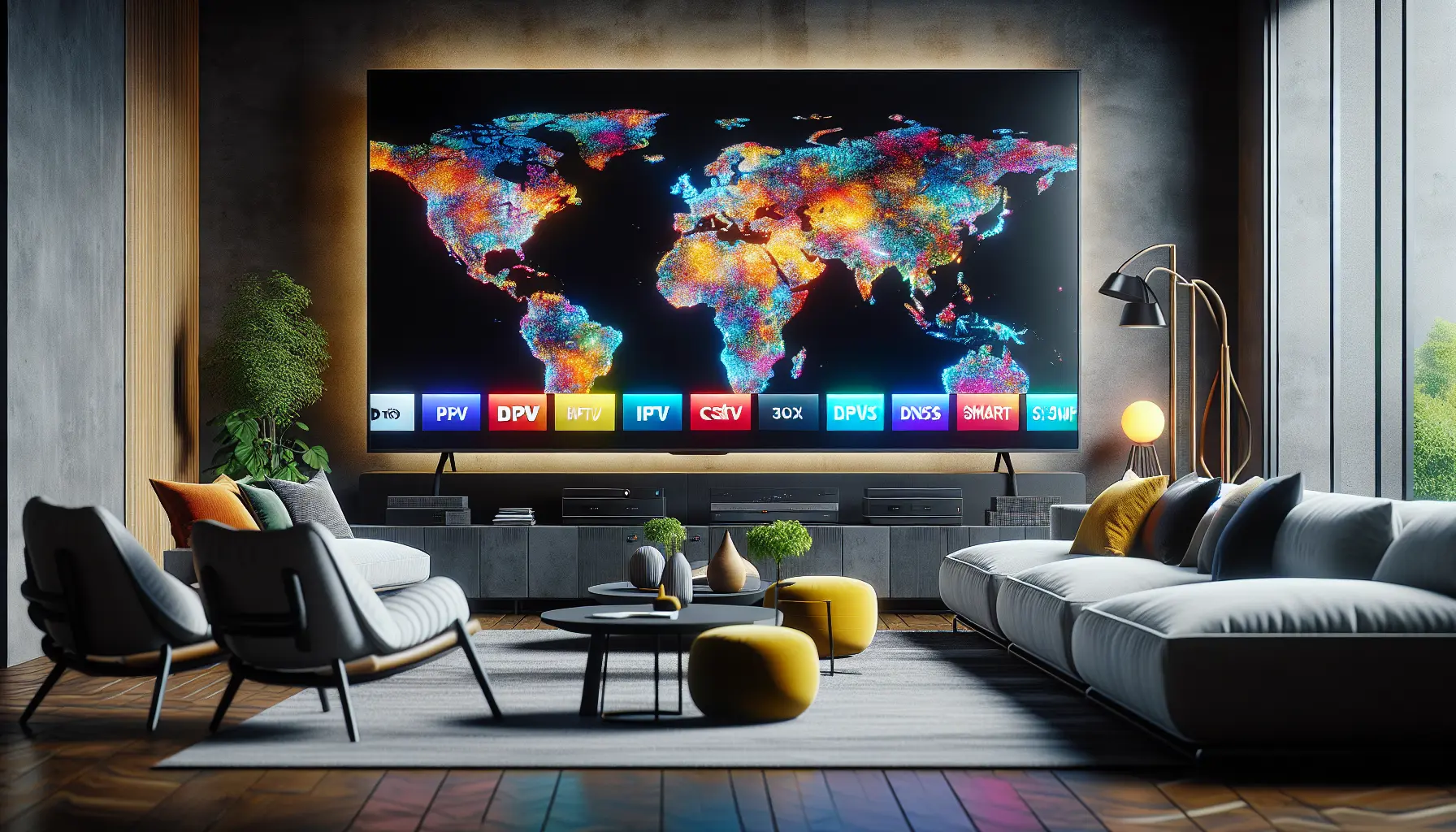 Alt text: A modern living room with a large TV showing a world map and channel logos, visualizing IPTV and Smart DNS technology.