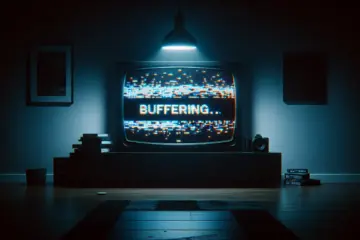 A TV screen displaying a "Buffering..." error message and glitching pixels in a dark room.