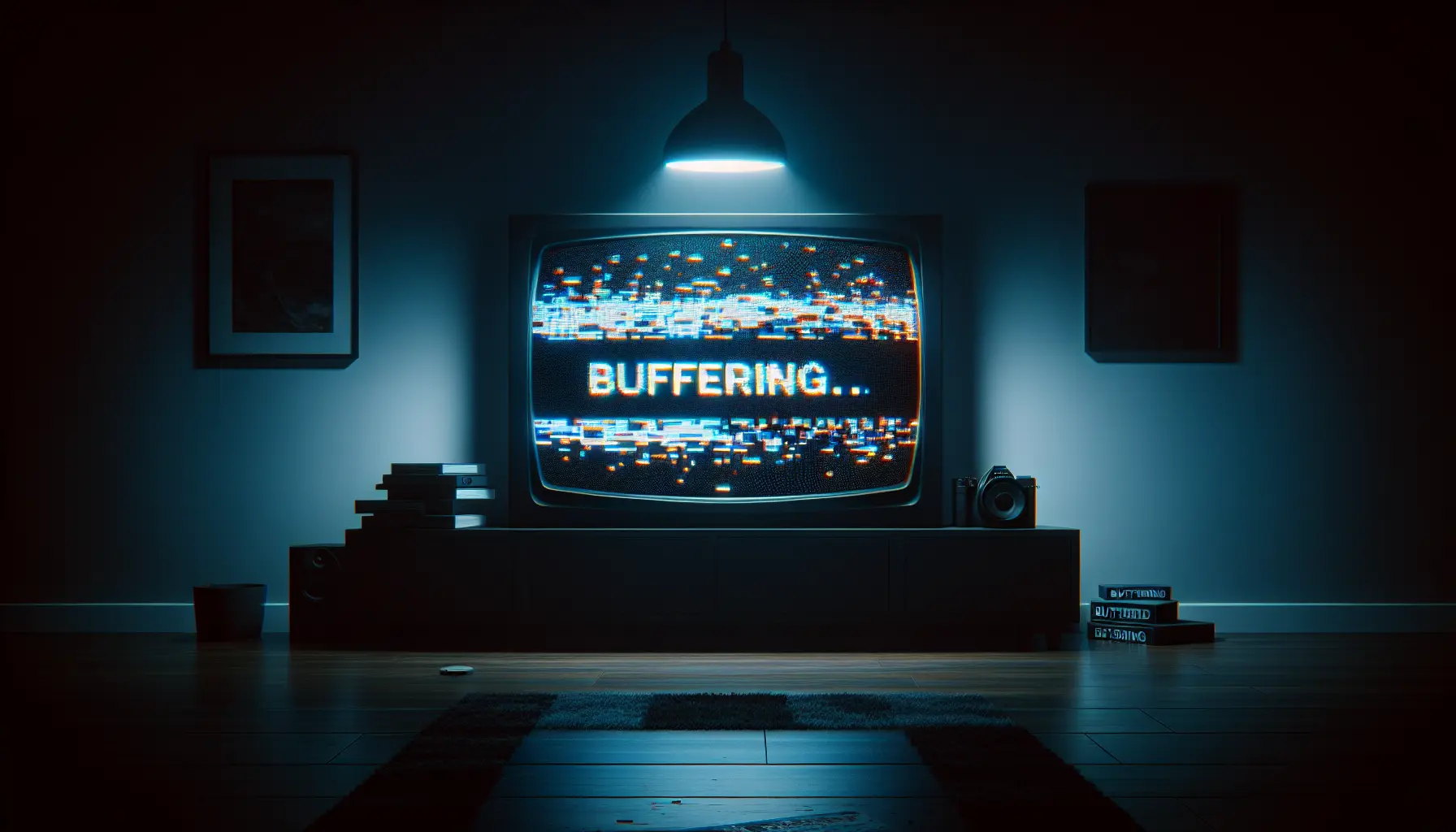 A TV screen displaying a "Buffering..." error message and glitching pixels in a dark room.