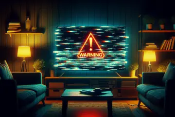 alt_text: A dark living room with a TV displaying a glitchy stream and a glowing "WARNING" sign for blacklisted IPTV services.