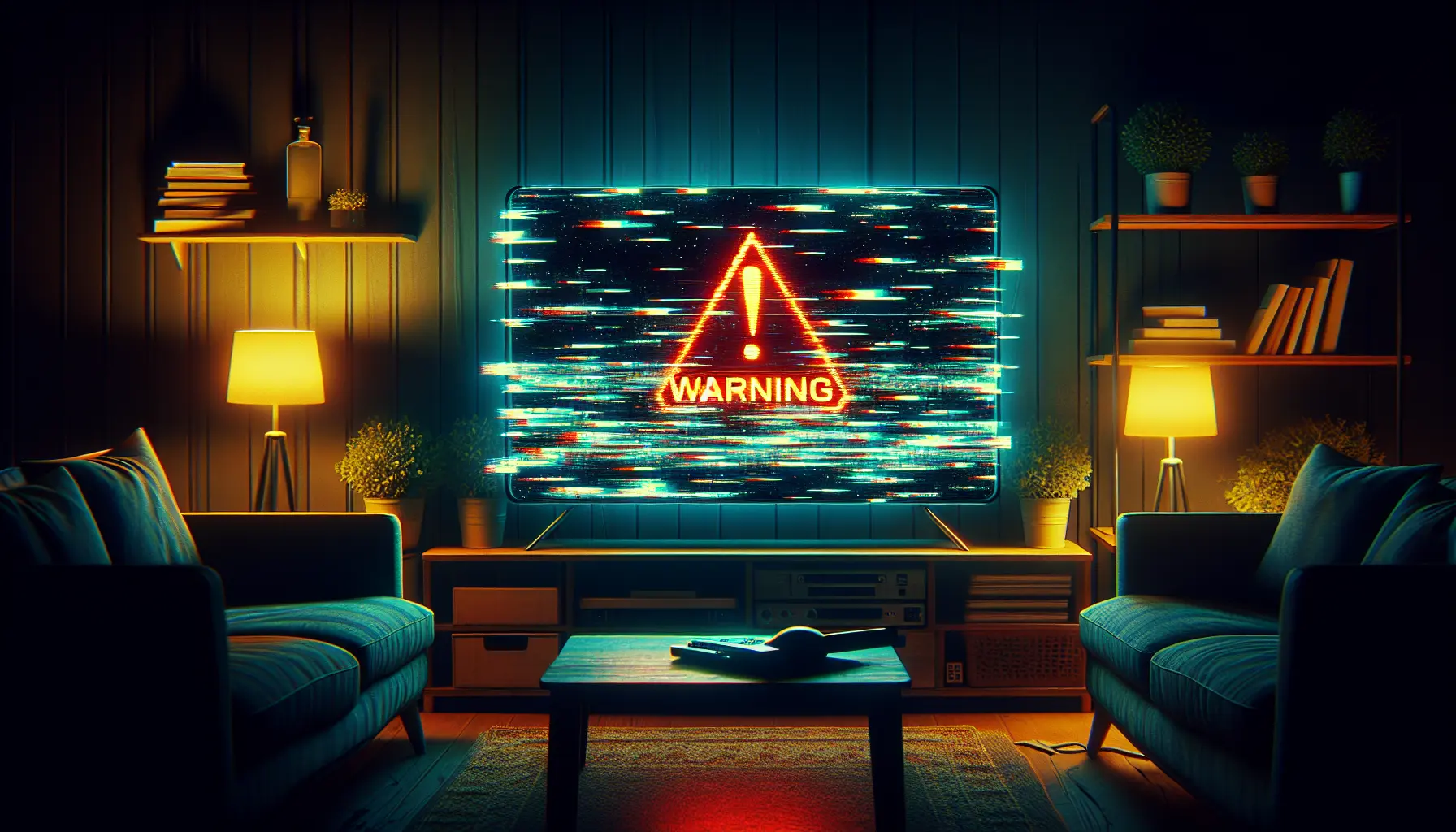 alt_text: A dark living room with a TV displaying a glitchy stream and a glowing "WARNING" sign for blacklisted IPTV services.