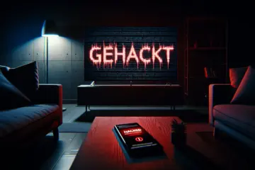 A hacked smart TV screen showing "GEHACKT" and a smartphone with a security warning in a dark living room.