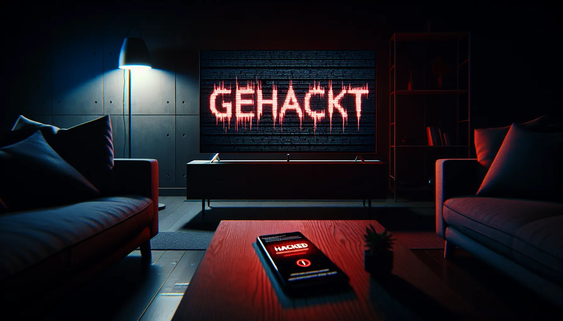 A hacked smart TV screen showing "GEHACKT" and a smartphone with a security warning in a dark living room.