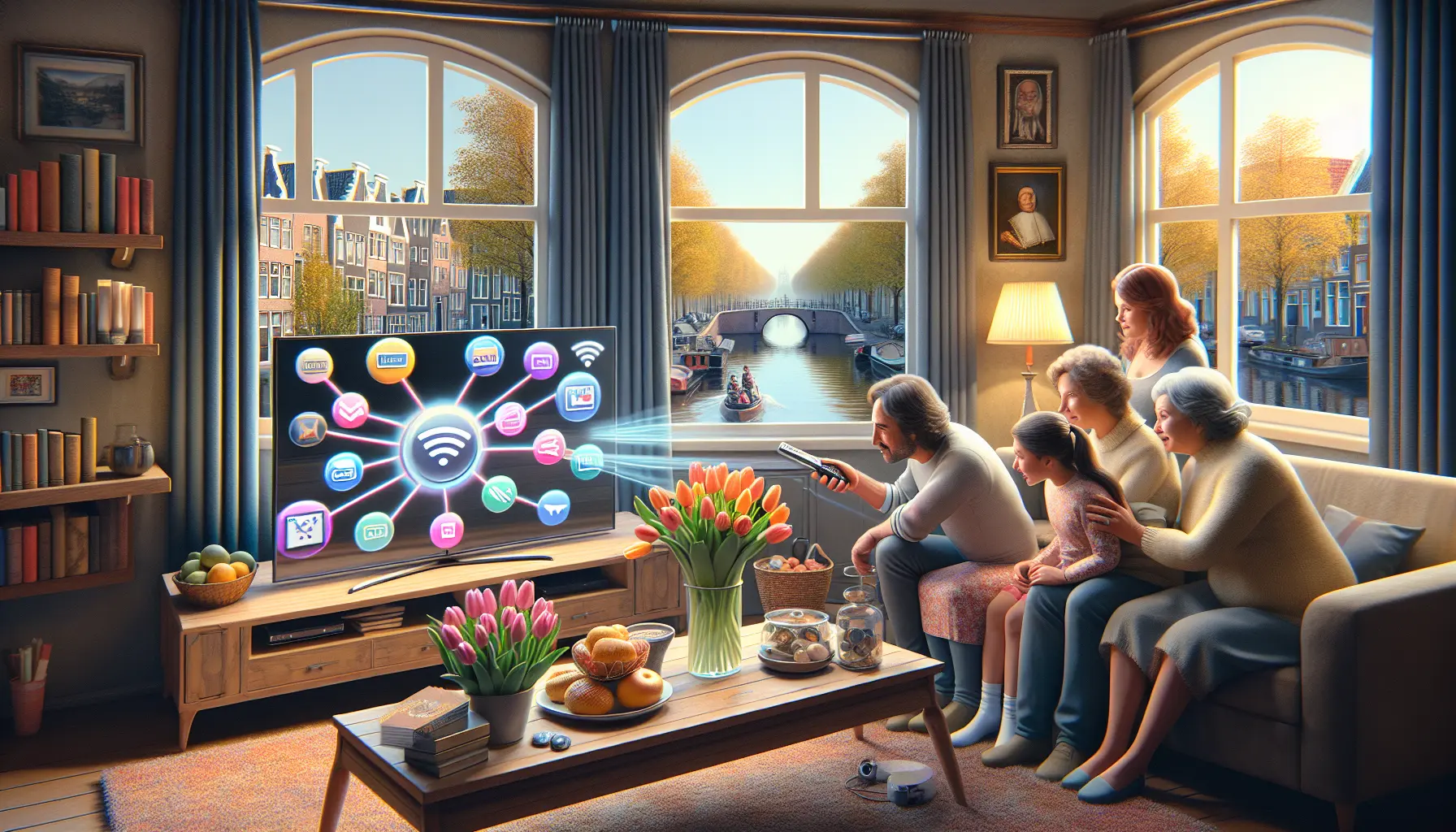 Dutch family explores IPTV on smart TV with streaming icons, tulips, and canal view.
