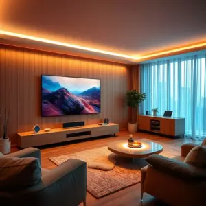 alt_text: A 2025 living room with a transparent OLED screen showing personalized health data. A holographic EU regulations sheet lies in the foreground.