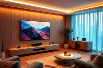 alt_text: A 2025 living room with a transparent OLED screen showing personalized health data. A holographic EU regulations sheet lies in the foreground.