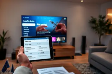 alt_text: A modern European living room at dusk, showcasing a tablet with transparent privacy settings and compliance certificates, emphasizing trustworthy streaming.
