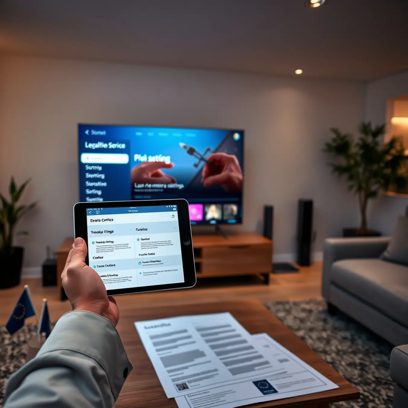 alt_text: A modern European living room at dusk, showcasing a tablet with transparent privacy settings and compliance certificates, emphasizing trustworthy streaming.