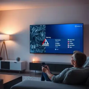 alt_text: A person calmly uses a remote in a modern living room, their TV screen contrasting a crossed-out cable warning with a clean streaming menu.