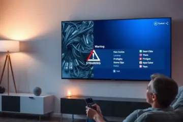 alt_text: A person calmly uses a remote in a modern living room, their TV screen contrasting a crossed-out cable warning with a clean streaming menu.