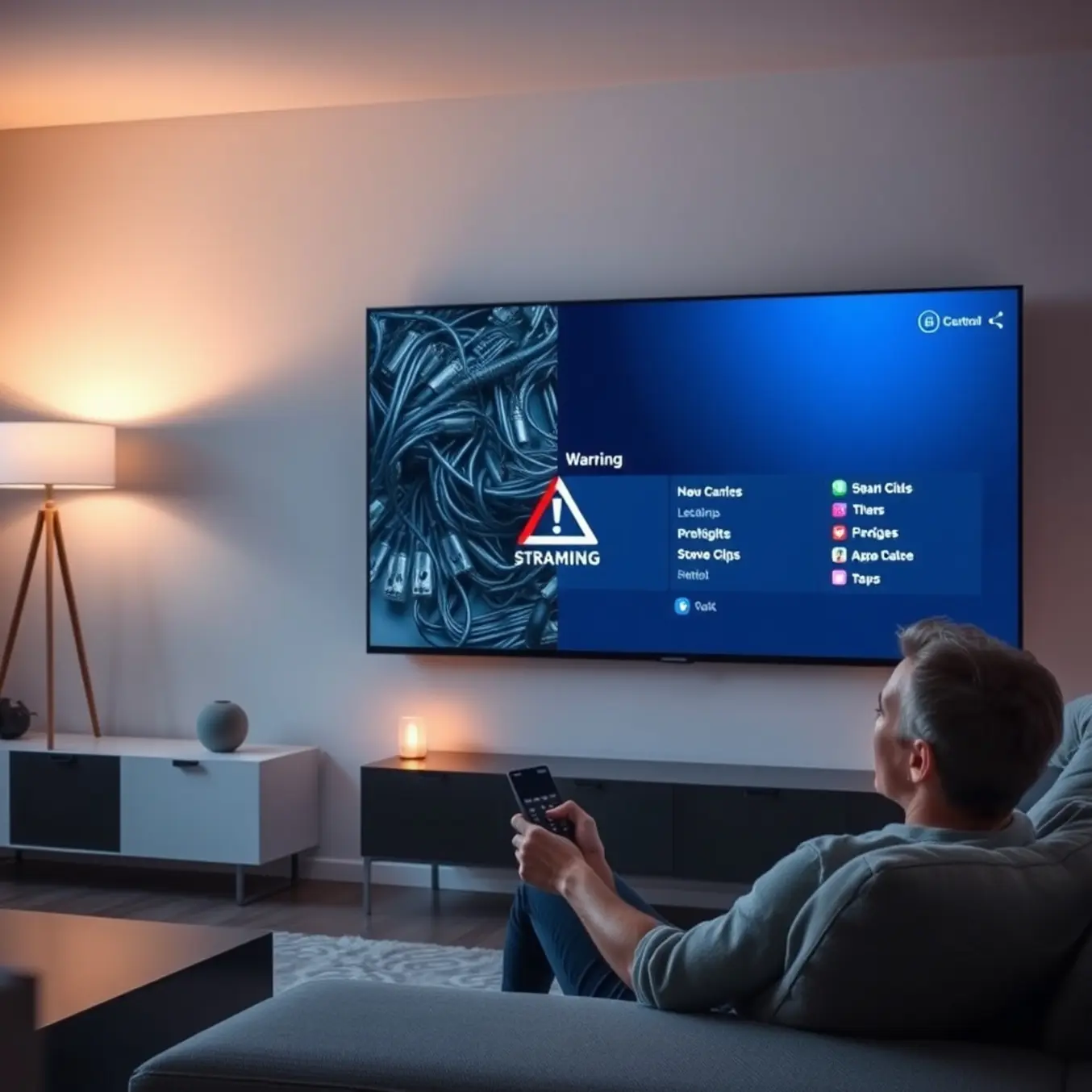 alt_text: A person calmly uses a remote in a modern living room, their TV screen contrasting a crossed-out cable warning with a clean streaming menu.