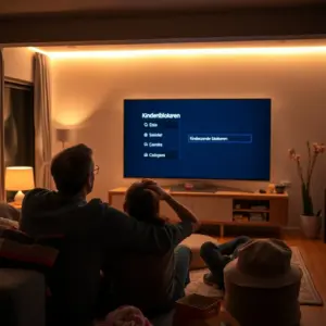 alt_text: Een gezin kiest in een gezellige woonkamer om een kinderzender te blokkeren op de televisie.