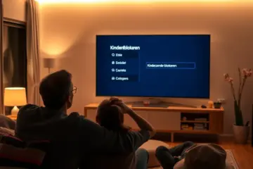 alt_text: Een gezin kiest in een gezellige woonkamer om een kinderzender te blokkeren op de televisie.