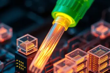 alt_text: A hyper-realistic macro view of a glowing fiber optic core and miniature tech, with streams of light data flowing seamlessly in a dark, sleek environment.