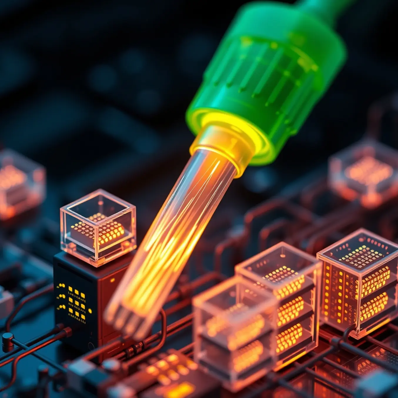 alt_text: A hyper-realistic macro view of a glowing fiber optic core and miniature tech, with streams of light data flowing seamlessly in a dark, sleek environment.