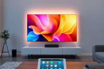 alt_text: A minimalist smart living room at dusk. A large TV displays an abstract screensaver, controlled by a tablet app with warm, ambient lighting on the wall.