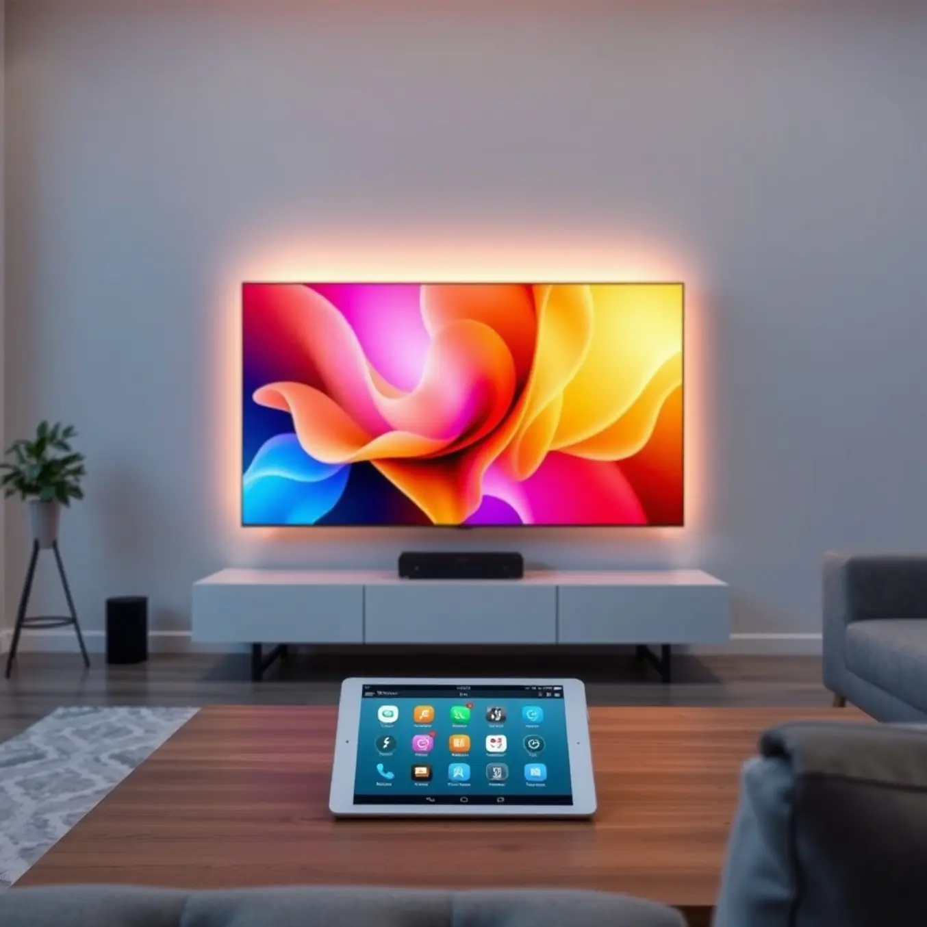 alt_text: A minimalist smart living room at dusk. A large TV displays an abstract screensaver, controlled by a tablet app with warm, ambient lighting on the wall.