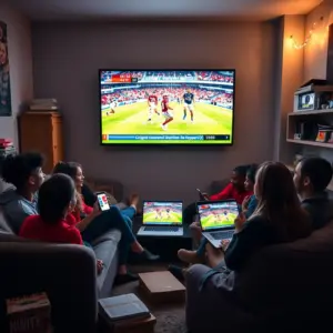 alt_text: A diverse group of students in a cozy, modern dorm common area at night, watching a sports game on a large TV and their personal devices.