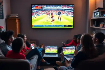 alt_text: A diverse group of students in a cozy, modern dorm common area at night, watching a sports game on a large TV and their personal devices.