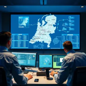 alt_text: Technicians in a modern IPTV control room monitor a digital map of the Netherlands, tracing and blocking unauthorized data streams.