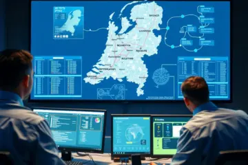 alt_text: Technicians in a modern IPTV control room monitor a digital map of the Netherlands, tracing and blocking unauthorized data streams.