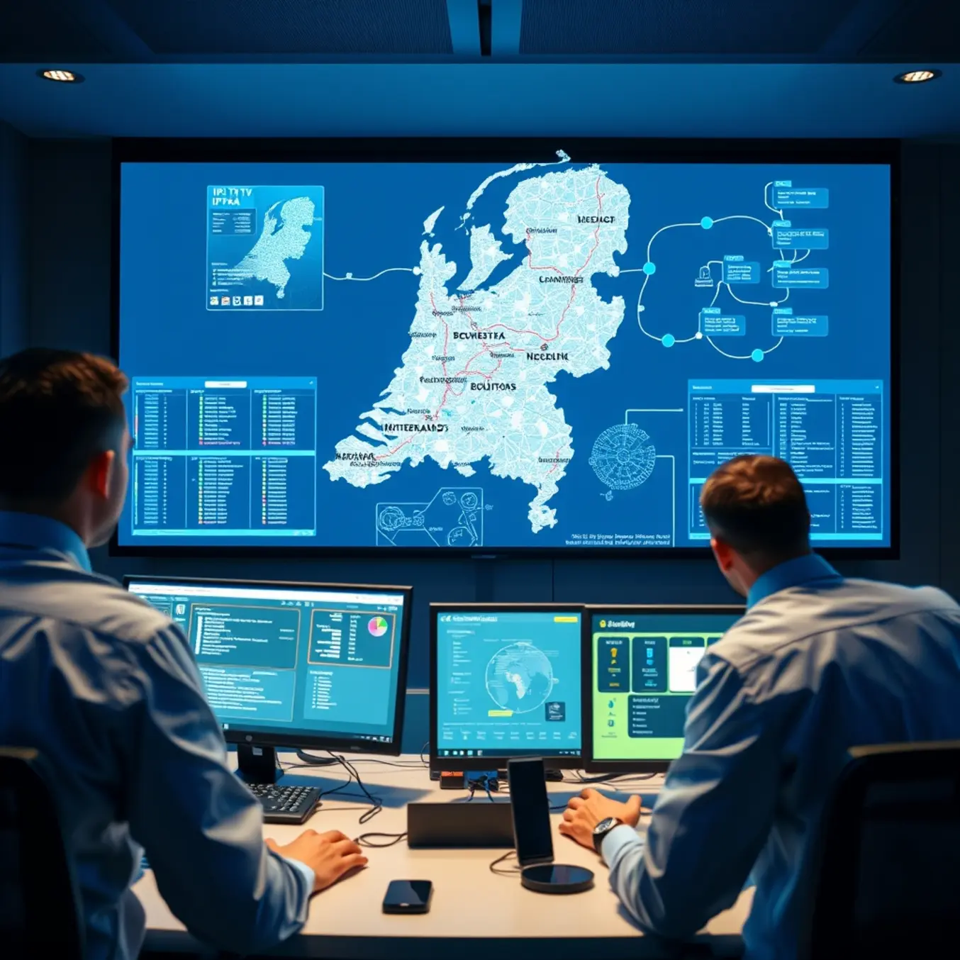 alt_text: Technicians in a modern IPTV control room monitor a digital map of the Netherlands, tracing and blocking unauthorized data streams.
