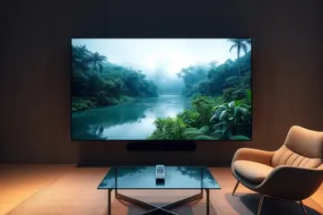 alt_text: A hyper-realistic living room lit by a massive, impossibly thin 8K TV displaying a vibrant rainforest documentary.