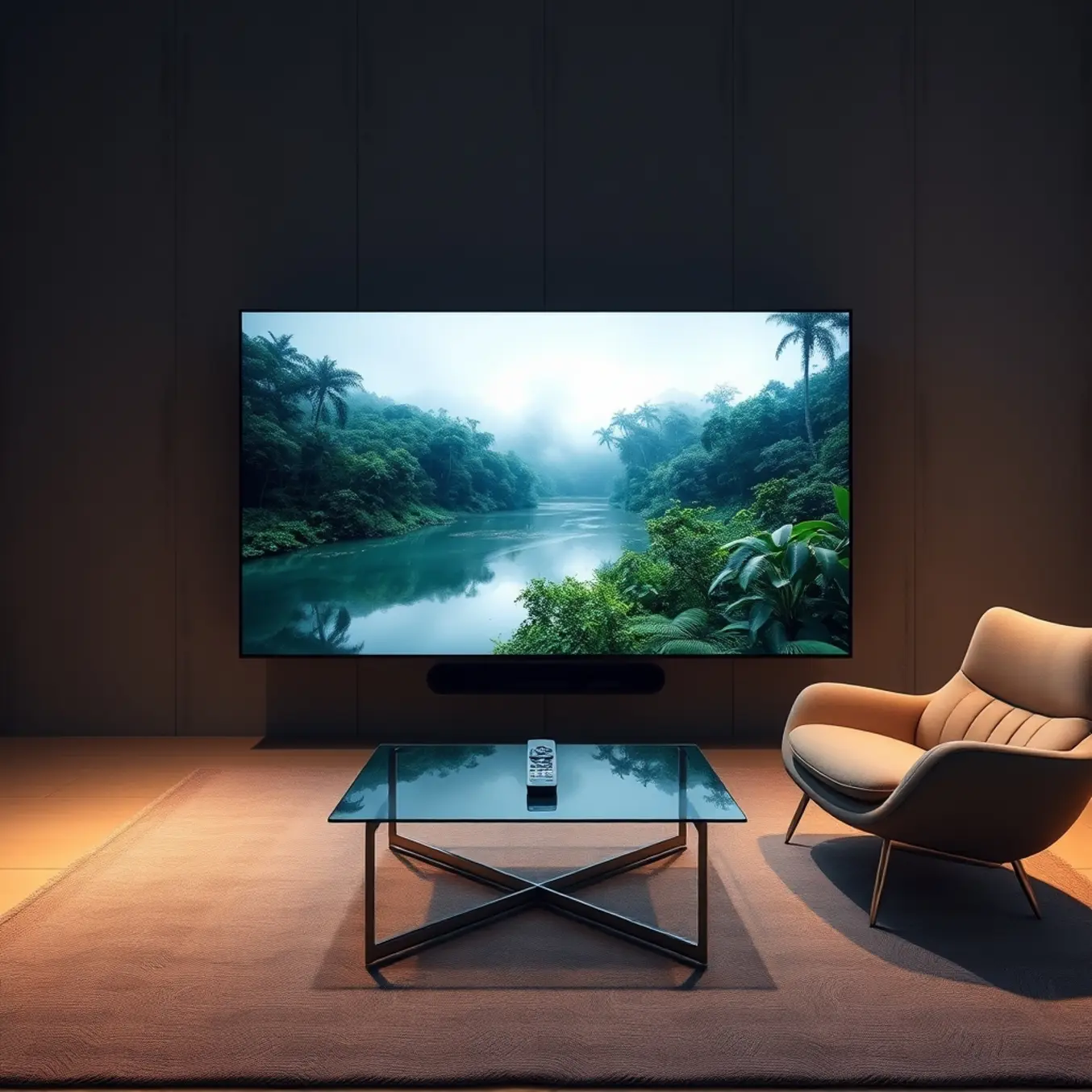 alt_text: A hyper-realistic living room lit by a massive, impossibly thin 8K TV displaying a vibrant rainforest documentary.