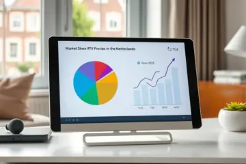alt_text: An infographic on a tablet shows the Dutch IPTV market share and projected "Groei 2025" subscriber growth, set on a desk with a canal house view.