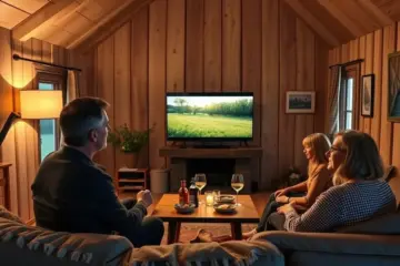 alt_text: A rural family cozily watches international TV via IPTV on their smart TV, while the quiet evening lies outside.