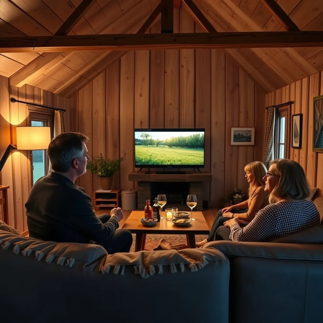 alt_text: A rural family cozily watches international TV via IPTV on their smart TV, while the quiet evening lies outside.