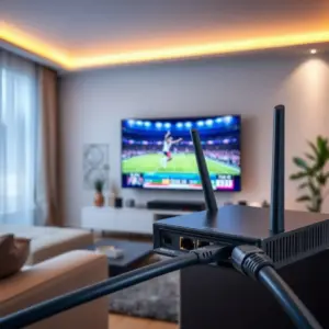 alt_text: A modern living room at night, with a flatscreen TV showing a sports broadcast and a close-up of an ethernet cable connected to a fiber optic router.