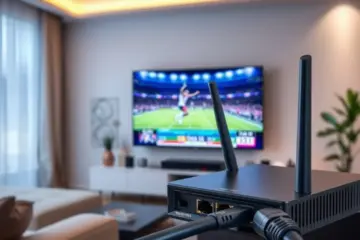 alt_text: A modern living room at night, with a flatscreen TV showing a sports broadcast and a close-up of an ethernet cable connected to a fiber optic router.